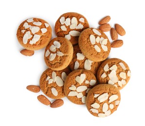 Photo of Tasty cookies with almonds isolated on white, top view