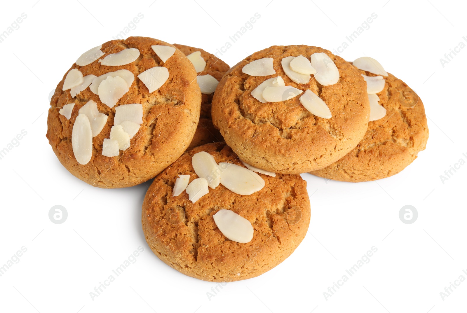 Photo of Tasty cookies with almond flakes isolated on white