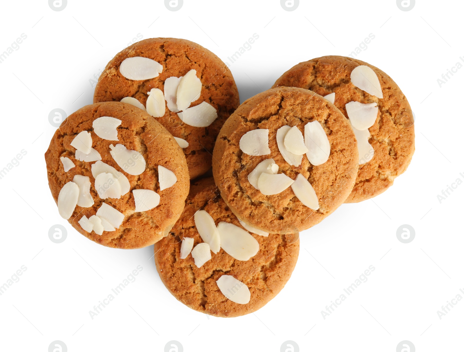 Photo of Tasty cookies with almond flakes isolated on white, top view