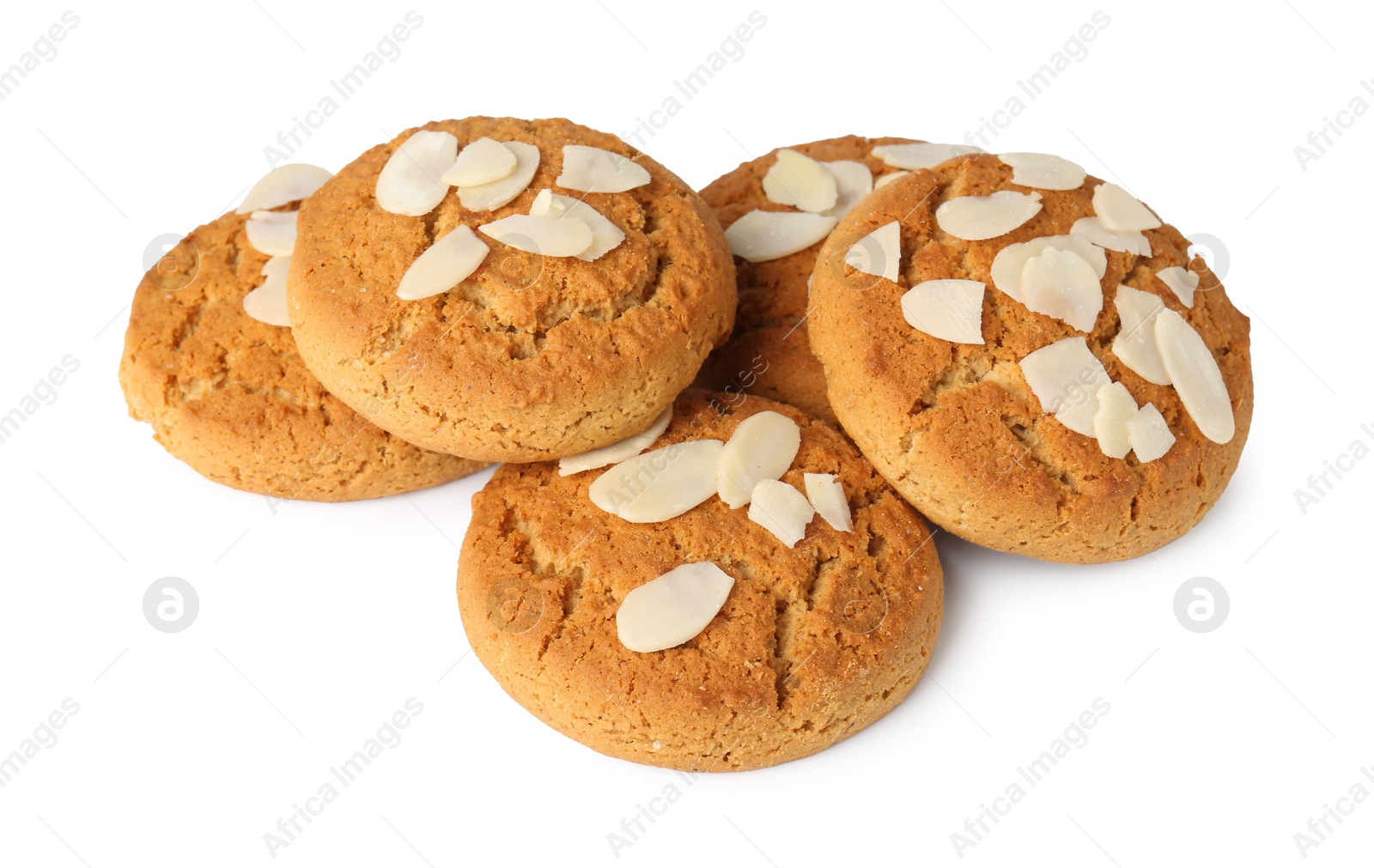 Photo of Tasty cookies with almond flakes isolated on white