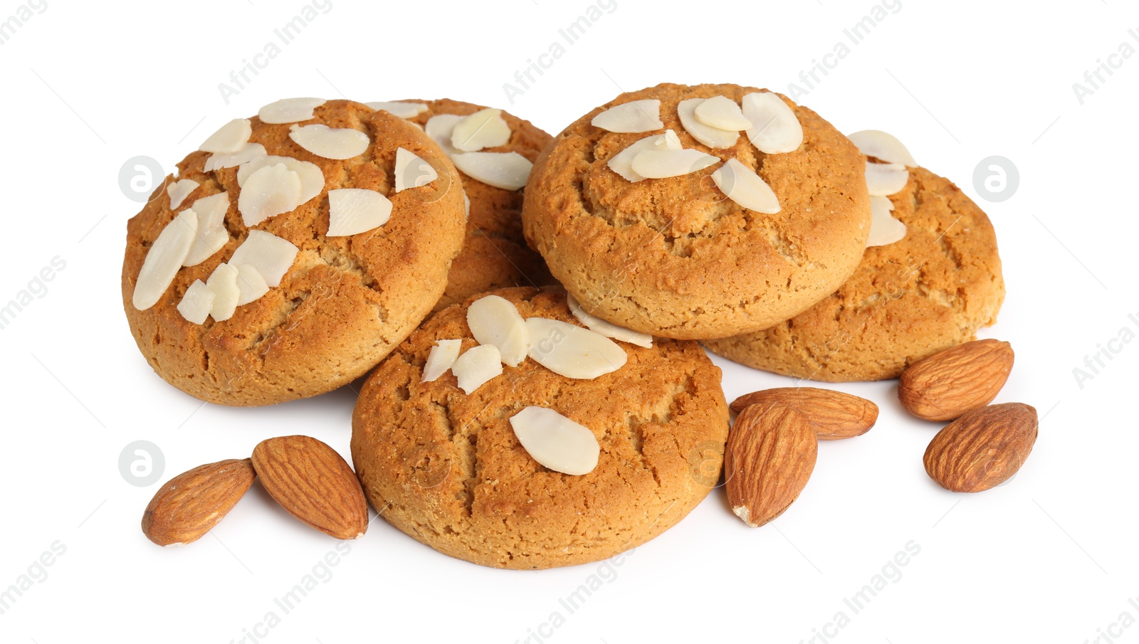 Photo of Tasty cookies with almonds isolated on white