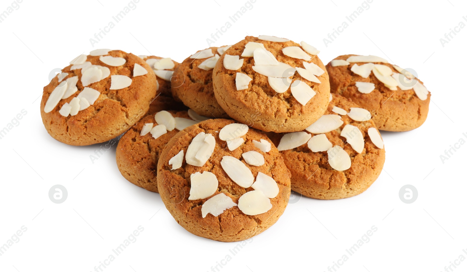 Photo of Tasty cookies with almond flakes isolated on white