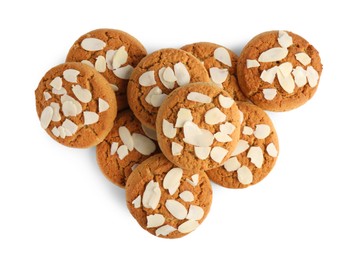 Photo of Tasty cookies with almond flakes isolated on white, top view