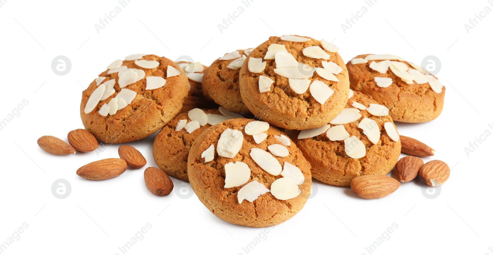 Photo of Tasty cookies with almonds isolated on white