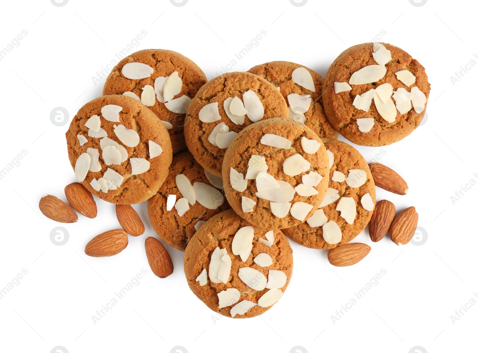 Photo of Tasty cookies with almonds isolated on white, top view