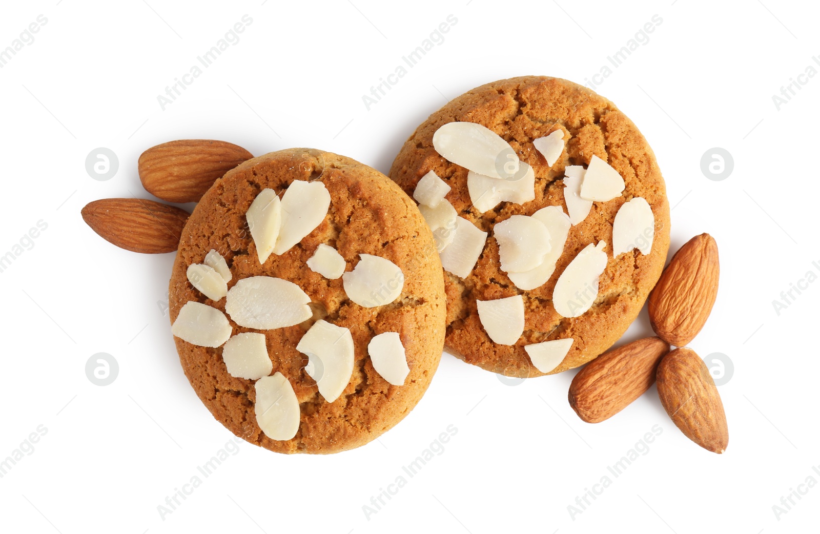 Photo of Tasty cookies with almonds isolated on white, top view