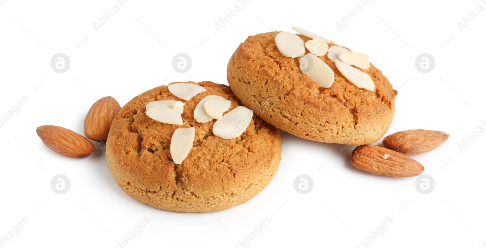 Photo of Tasty cookies with almonds isolated on white