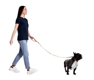 Happy woman walking her dog on white background