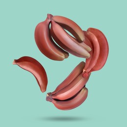 Image of Red baby bananas falling on turquoise background