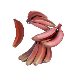 Image of Red baby bananas in air on white background