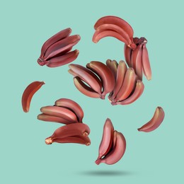 Image of Red baby bananas falling on turquoise background