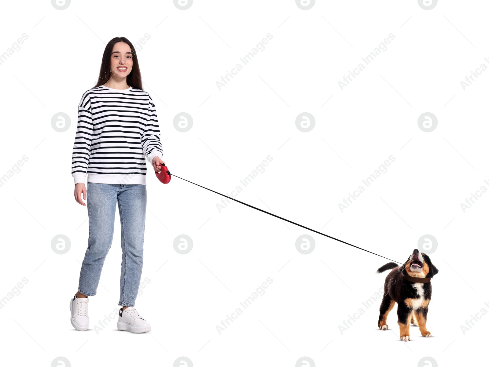 Image of Happy woman walking her dog on white background