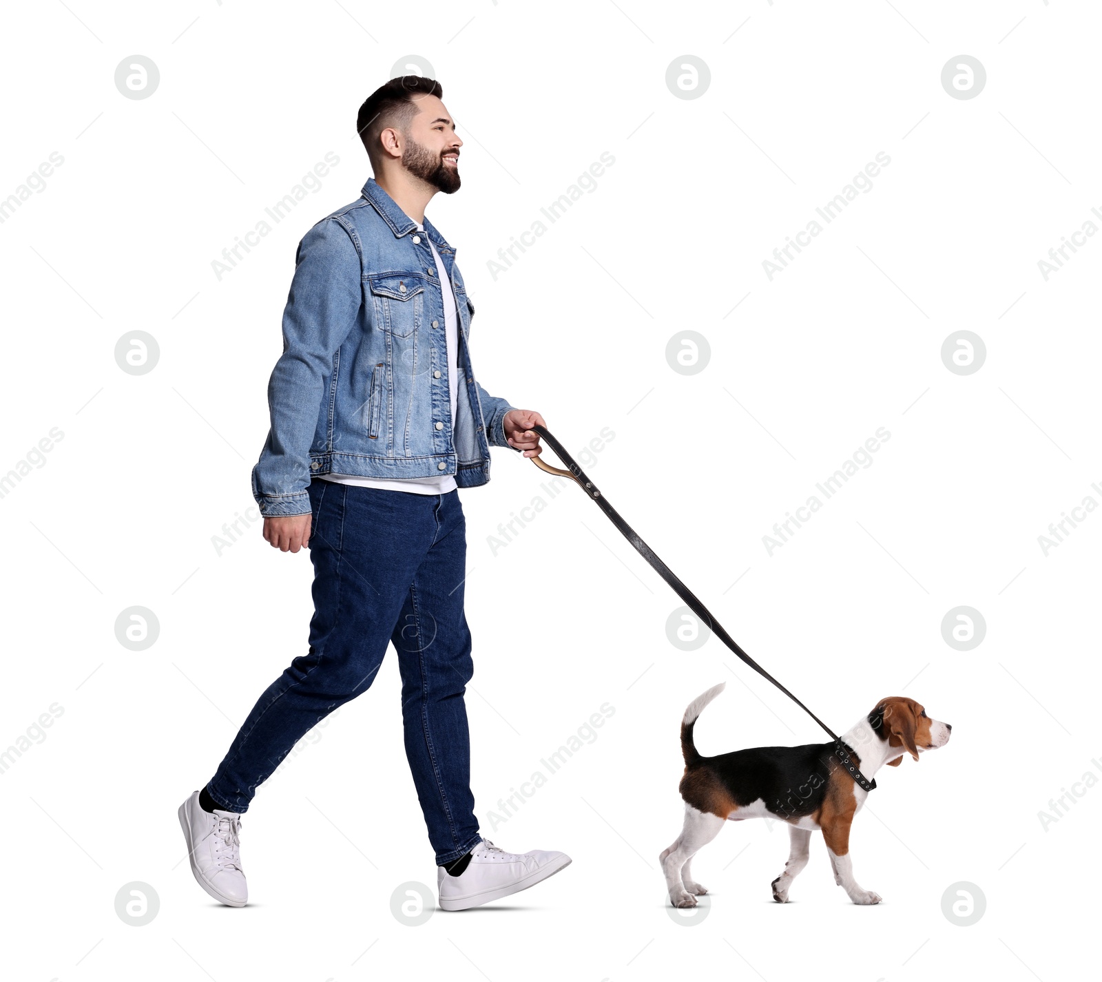 Image of Happy man walking his dog on white background