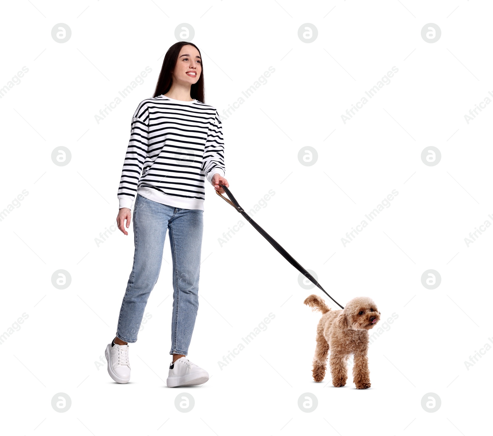 Image of Happy woman walking her dog on white background