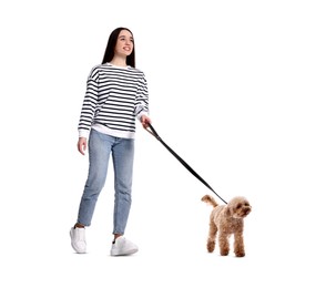 Happy woman walking her dog on white background