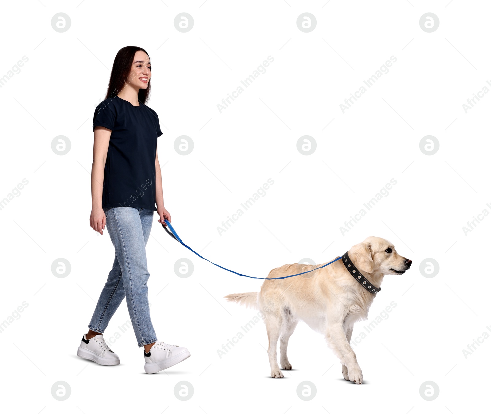 Image of Happy woman walking her dog on white background