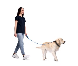 Image of Happy woman walking her dog on white background