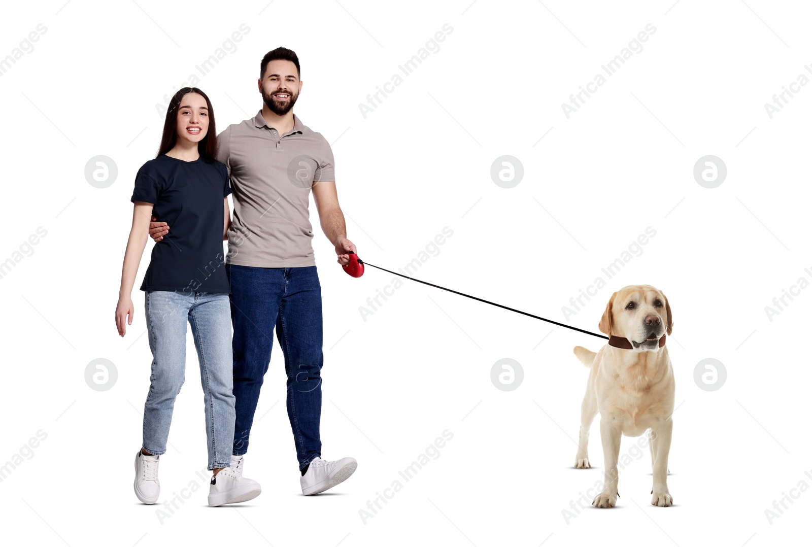 Image of Happy couple walking their dog on white background