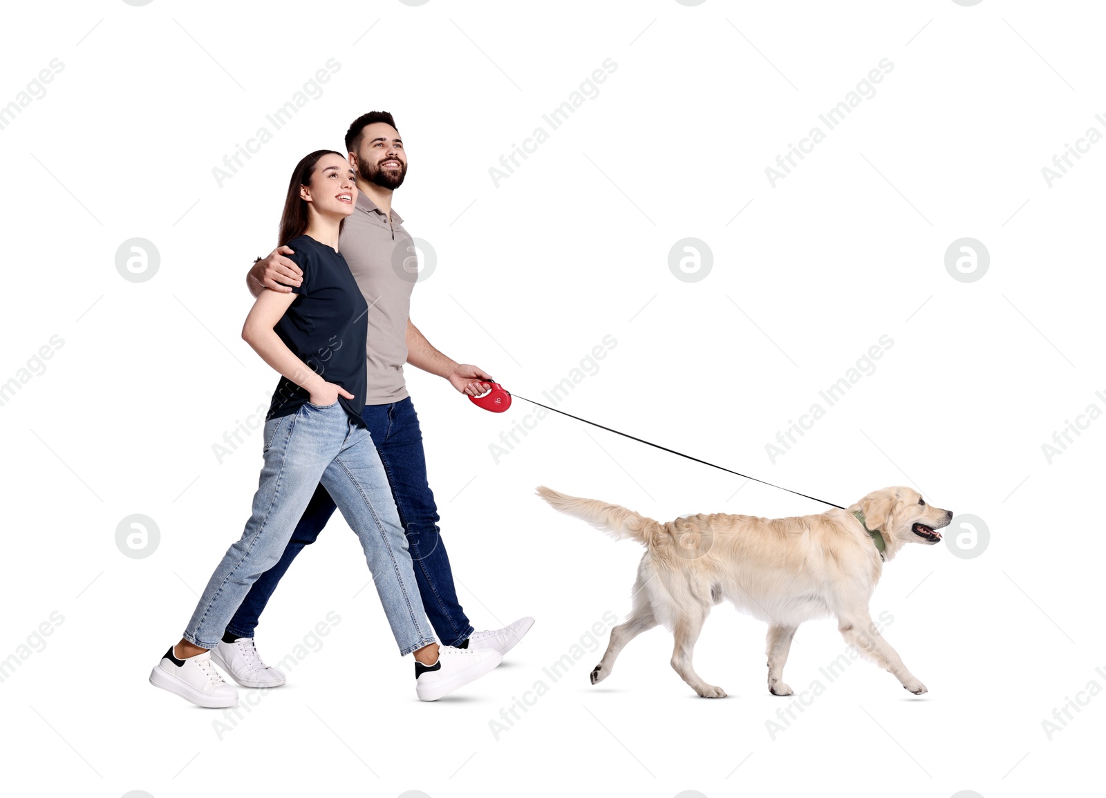 Image of Happy couple walking their dog on white background