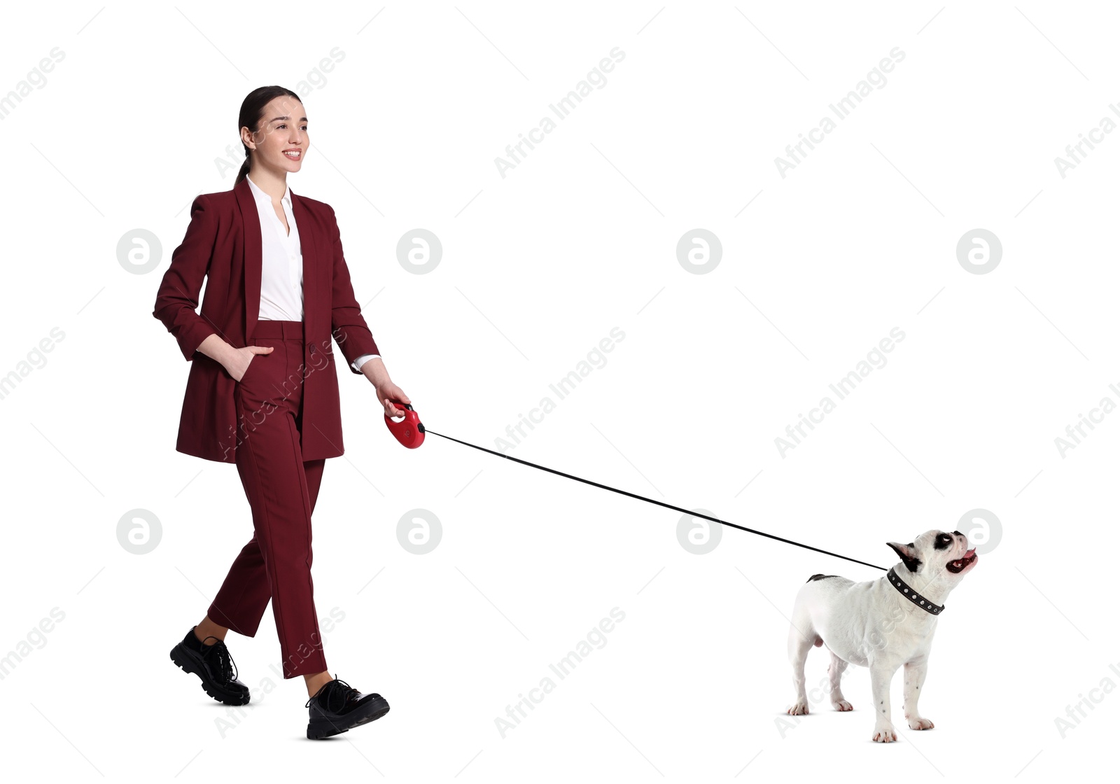 Image of Happy businesswoman walking her dog on white background