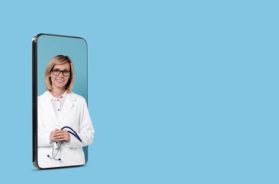 Image of Online medical consultation. Doctor with stethoscope on smartphone screen against light blue background, space for text