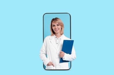 Image of Online medical consultation. Doctor with clipboard on smartphone screen against light blue background