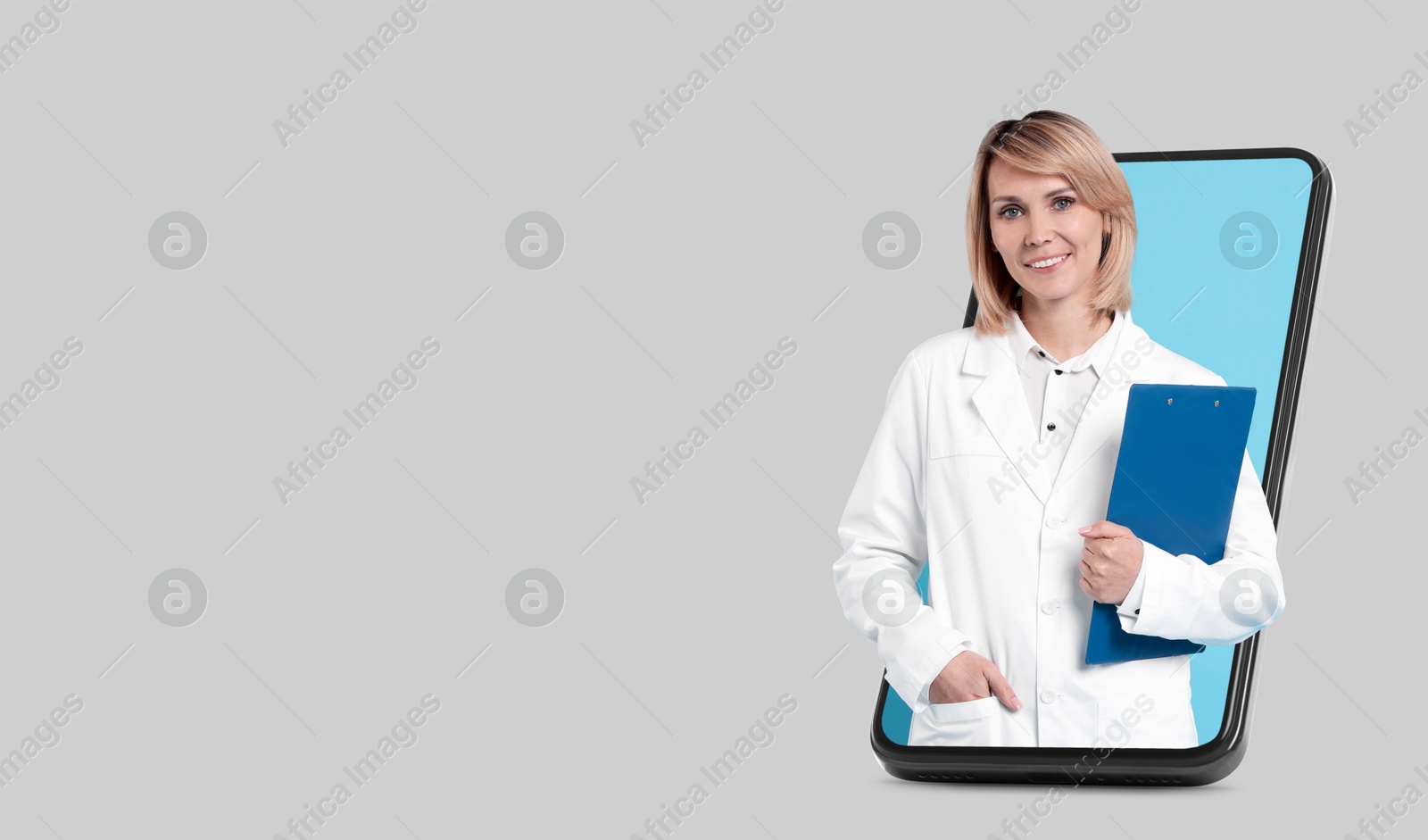 Image of Online medical consultation. Doctor with clipboard on smartphone screen against light grey background. Banner design with space for text