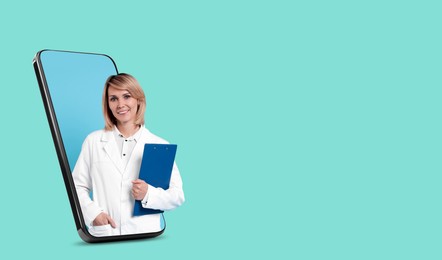 Online medical consultation. Doctor with clipboard on smartphone screen against turquoise background. Banner design with space for text