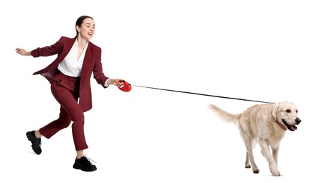 Happy businesswoman walking her dog on white background