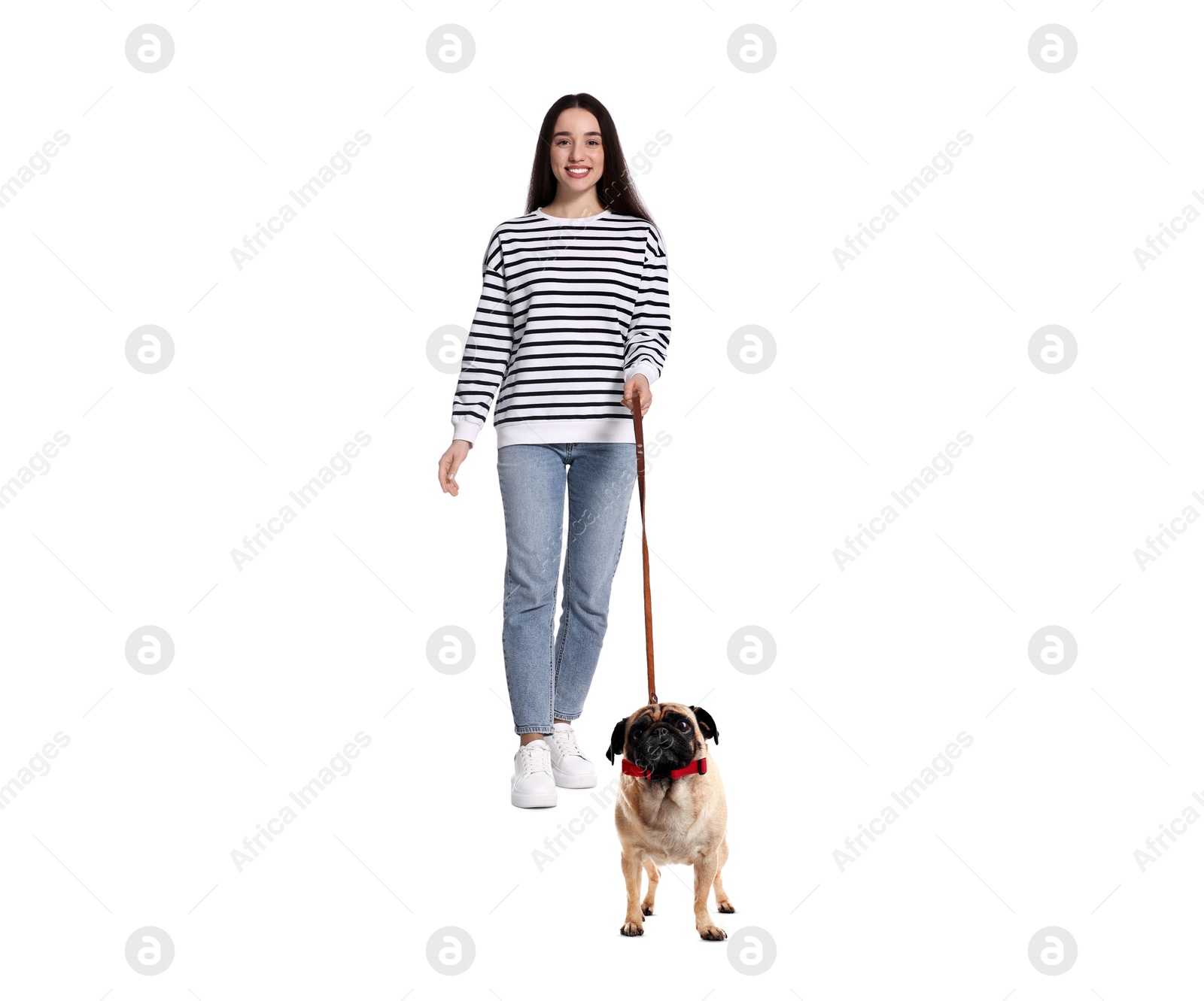 Image of Happy woman walking her dog on white background