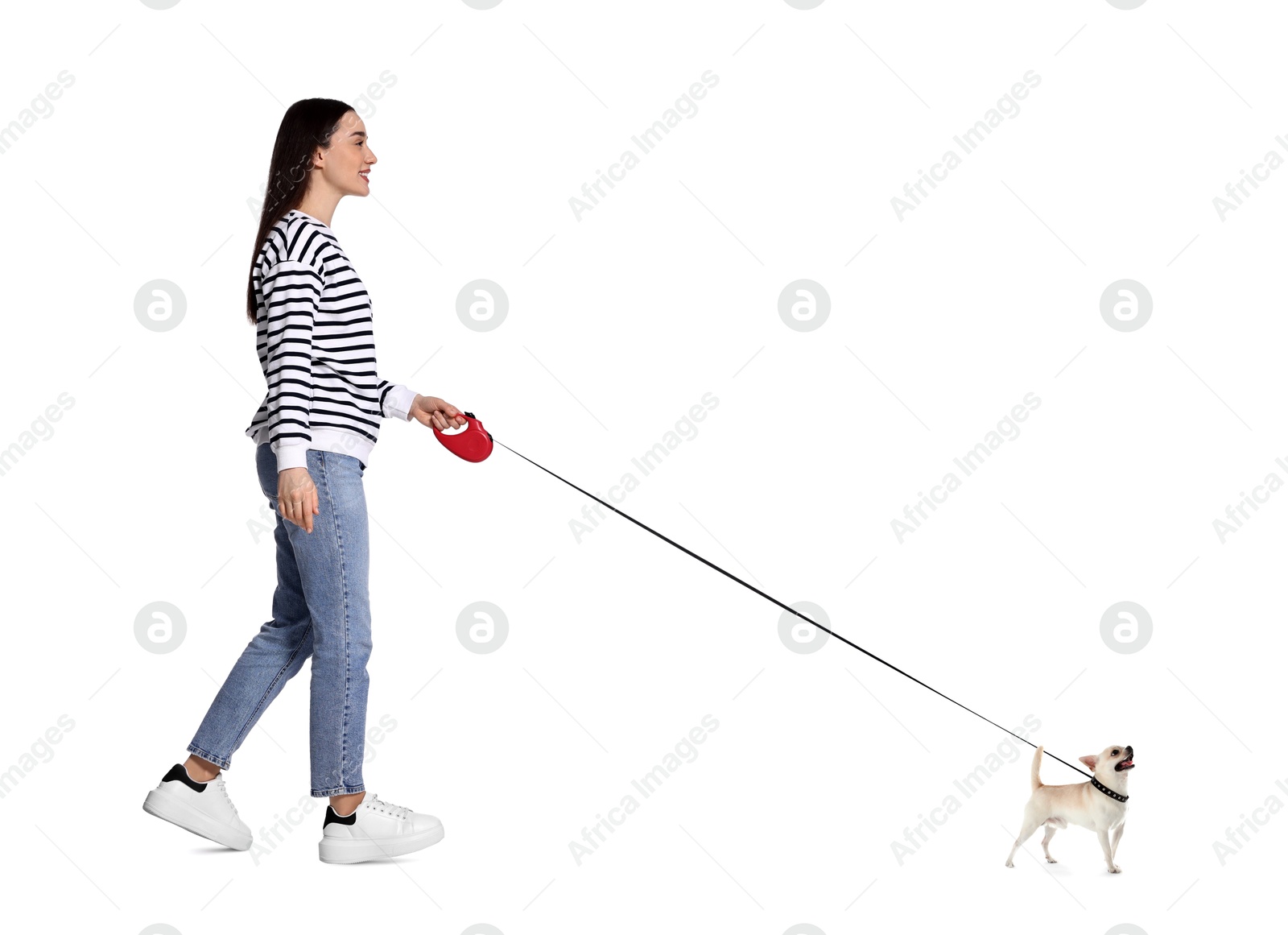 Image of Happy woman walking her dog on white background