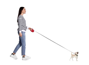 Image of Happy woman walking her dog on white background