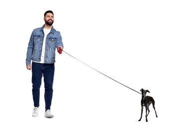 Happy man walking his dog on white background