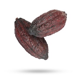 Image of Cocoa pods in air on white background