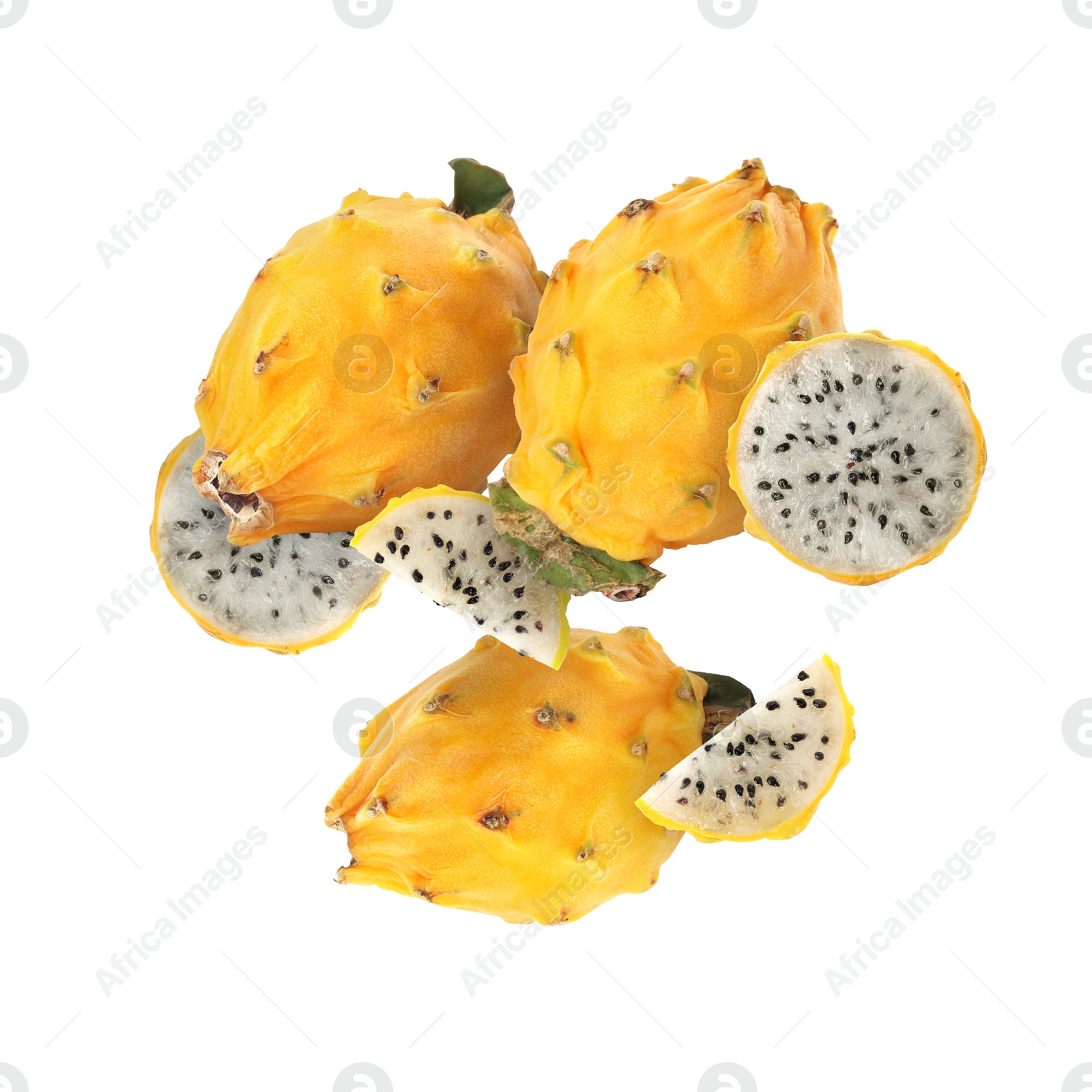 Image of Yummy yellow pitaya fruits in air on white background