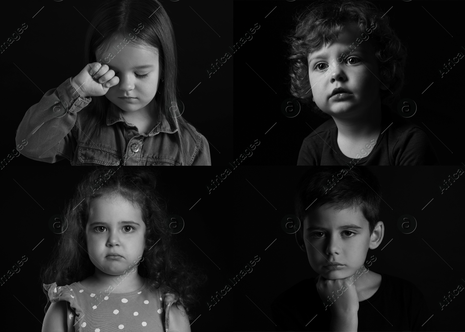 Image of Sad children on black background, collage of portraits