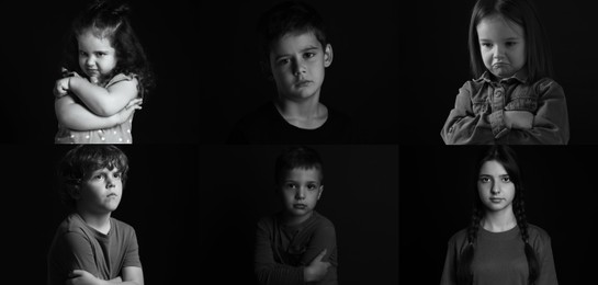 Sad children on black background, collage of portraits