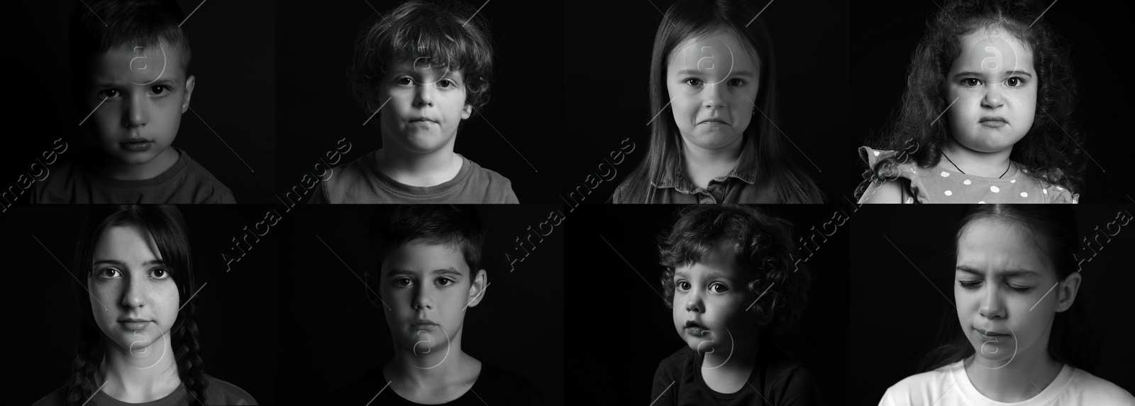 Image of Sad children on black background, collage of portraits