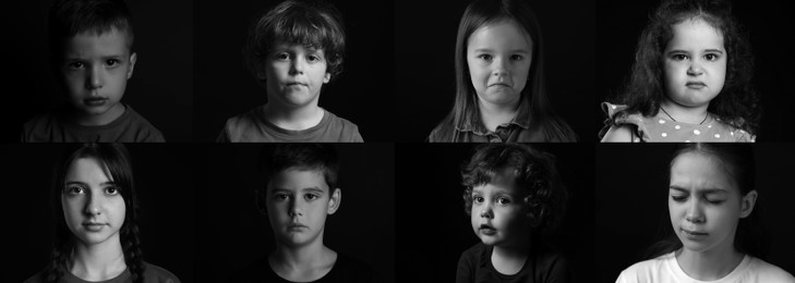 Sad children on black background, collage of portraits