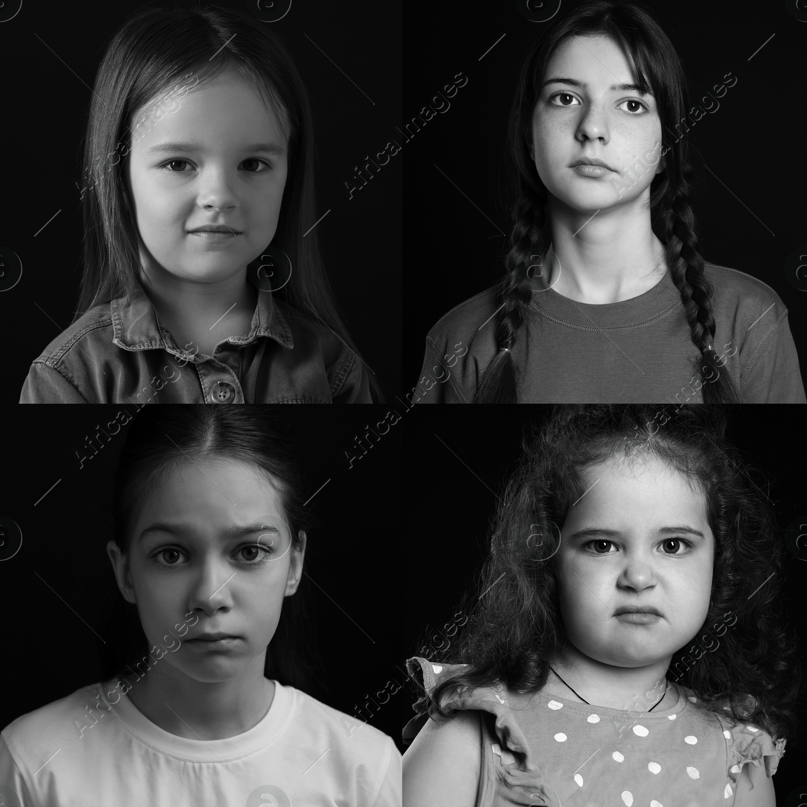 Image of Sad children on black background, collage of portraits