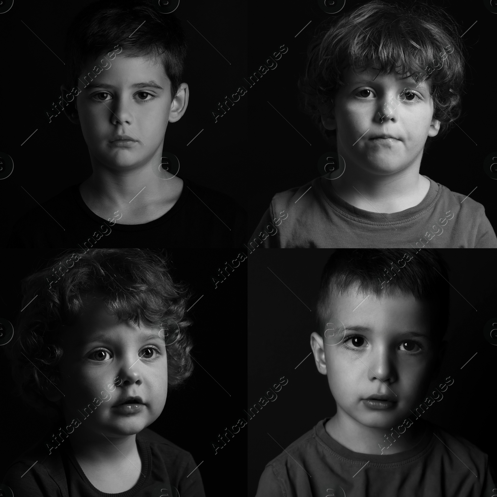 Image of Sad children on black background, collage of portraits