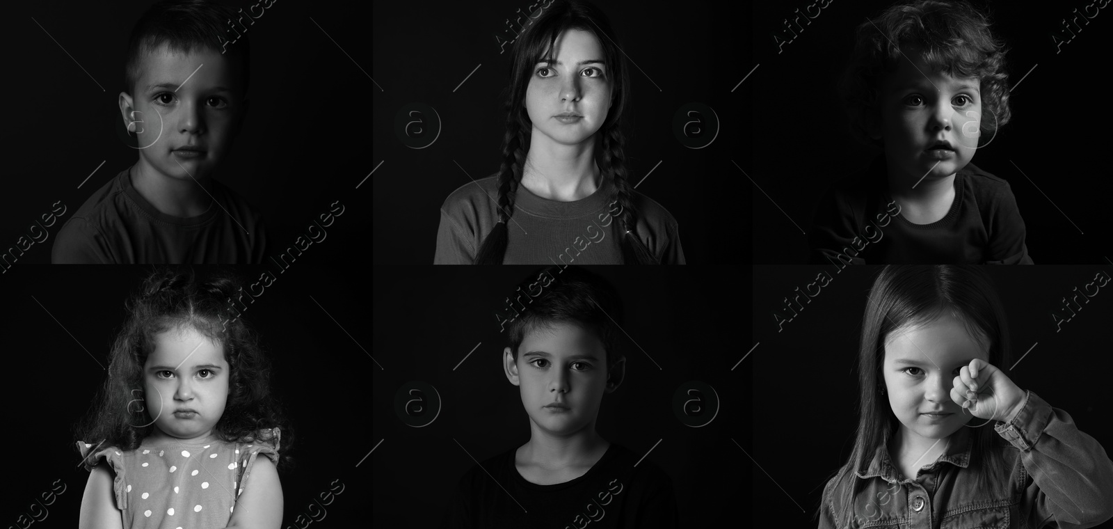 Image of Sad children on black background, collage of portraits