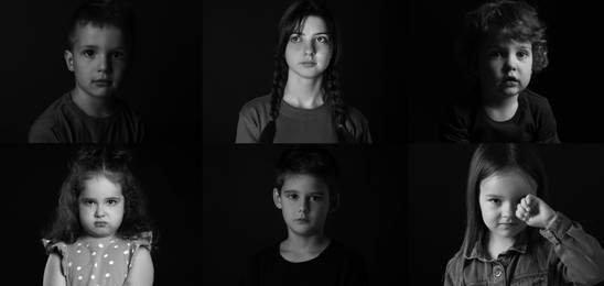 Image of Sad children on black background, collage of portraits