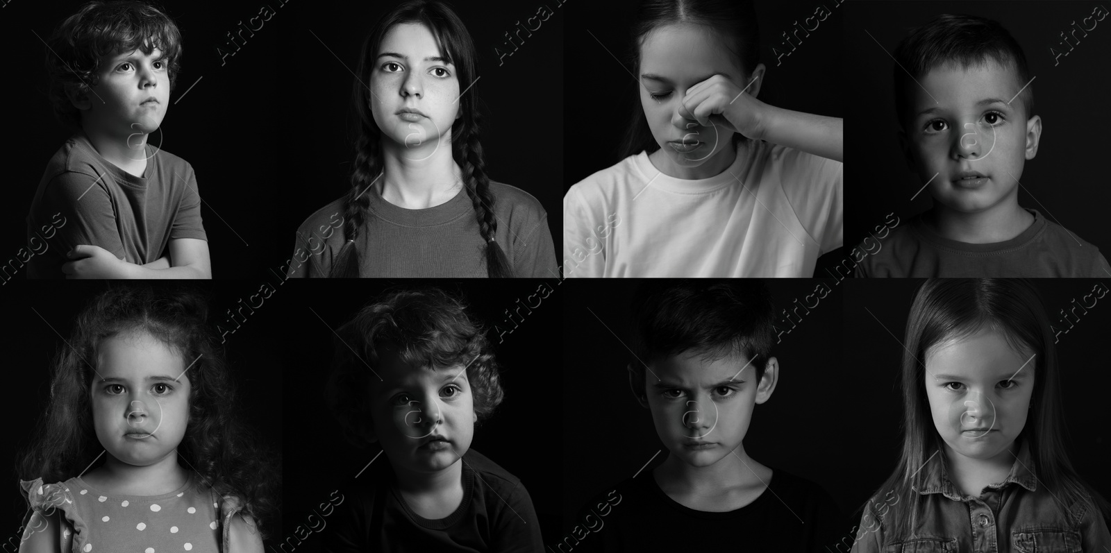 Image of Sad children on black background, collage of portraits