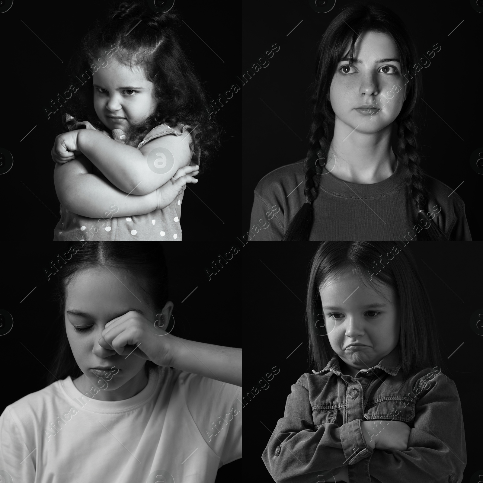 Image of Sad children on black background, collage of portraits