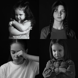 Sad children on black background, collage of portraits