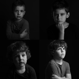 Sad children on black background, collage of portraits