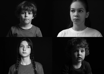 Sad children on black background, collage of portraits