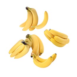 Image of Many yellow bananas in air on white background