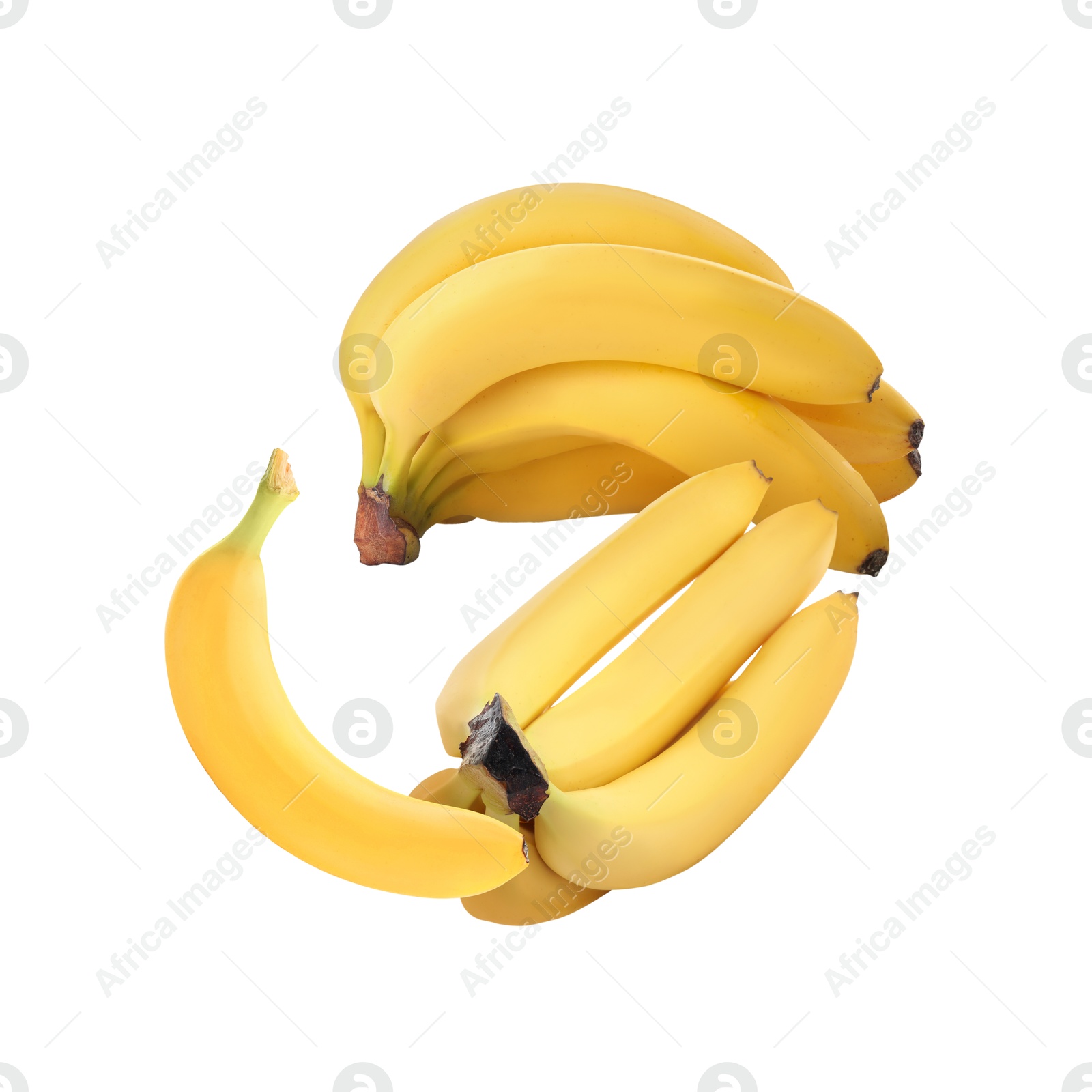 Image of Many yellow bananas in air on white background